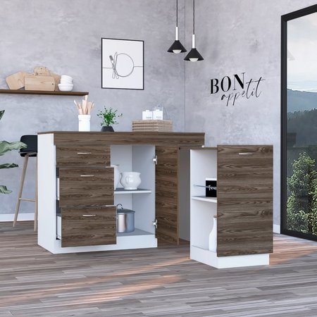 TUHOME Grecia Kitchen Base Cabinet, Three Drawers, Two Internal Shelves, White/Dark Walnut CLC6765